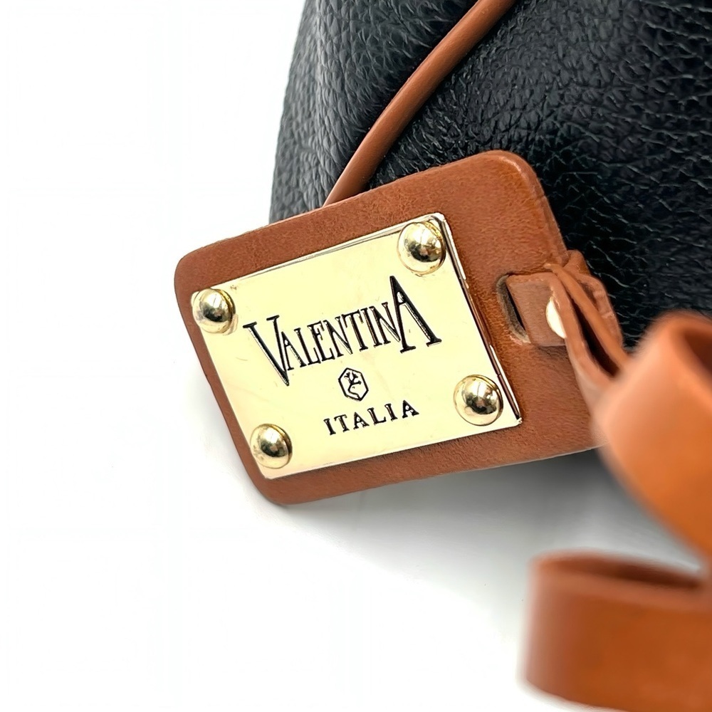 Valentina Pebbled Italian Leather Satchel Bag Navy Tan Top Handle Crossbody - Picture 7 of 14